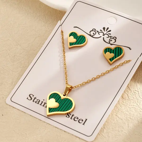 Fashion Style 304 Stainless Steel Water Plated Imitation Gold Double Heart Electroplated Jewelry Set For Women Cable Chain