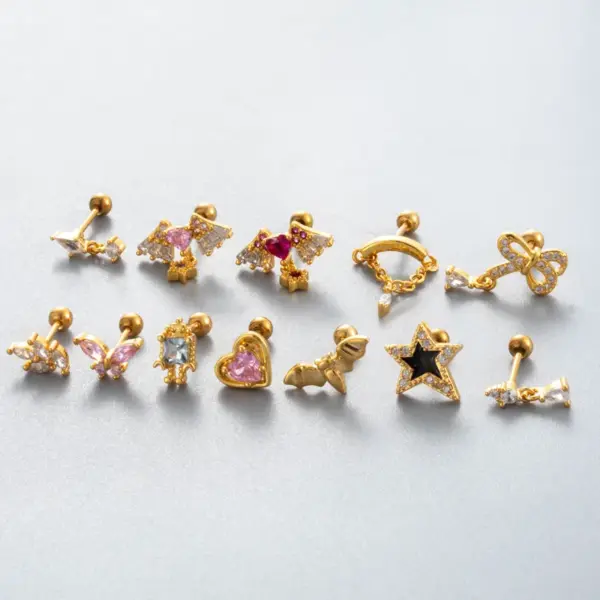 316 Stainless Steel Copper Zircon Heart Shape Wings Bow Knot Vintage Style French Style Simple Style Cartilage Earrings For Women's