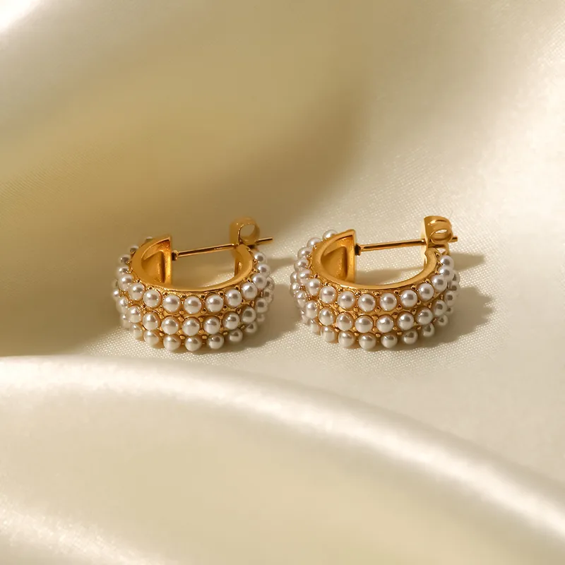 Wholesale 1 Pair Retro Geometric 316 Stainless Steel Artificial Pearls PVD Coated Hoop Earrings