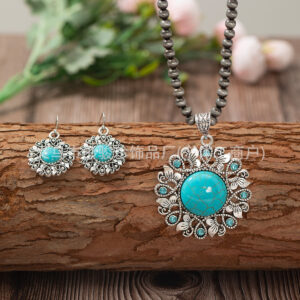 Wholesale European and American cross-border Bohemian round diamond plus pine stone alloy necklace earrings personalized retro alloy earrings jewelry