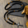 Wholesale Cross border hot sale natural stone black stone yellow tiger eye iron stone cross religious men's necklace men hip hop necklace
