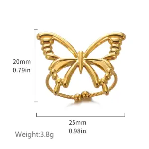 PVD Coated Real Gold Plated Butterfly 304 Stainless Steel Sweet Simple Style Waterproof Non Tarnish Rings