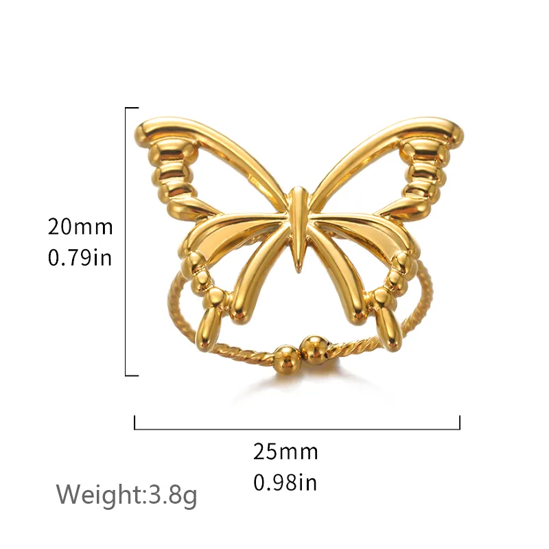 Wholesale PVD Coated Real Gold Plated Butterfly 304 Stainless Steel Sweet Simple Style Waterproof Non Tarnish Rings