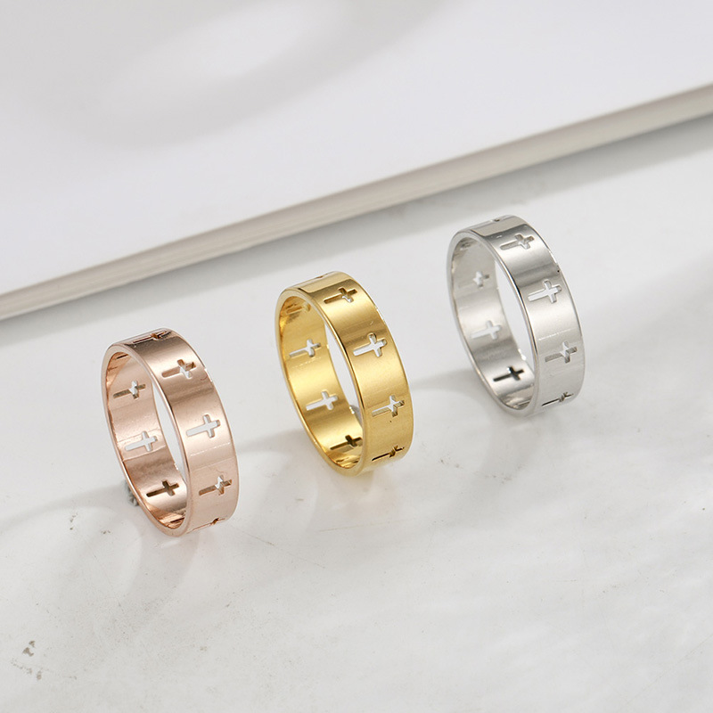 Wholesale European and American Style Faith Jewelry Rings, Hollow Cross Rings, Glossy lished Stainless Steel Rings for Men and Women