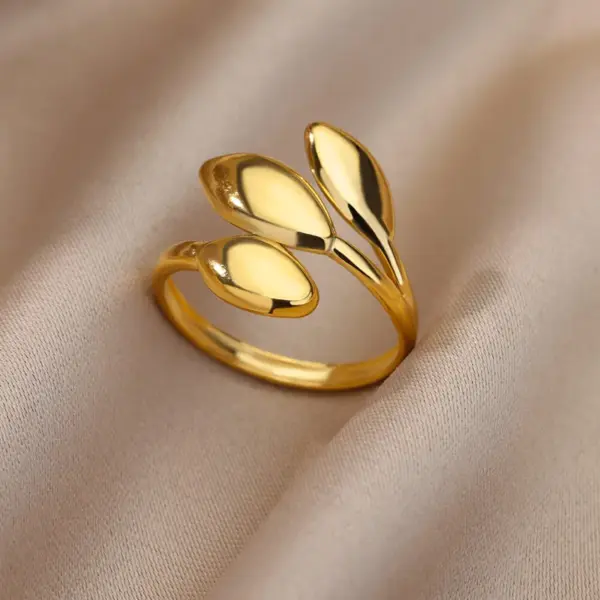 304 Stainless Steel Geometric Leaf PVD Coated Real Gold Plated Elegant Retro Lady Waterproof Non Tarnish Plating Open Rings