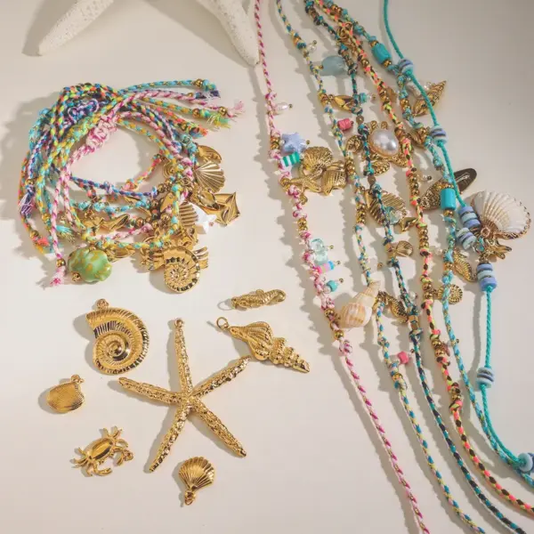 Wholesale Vacation Beach Simple Style Geometric 304 Stainless Steel Natural Stone PVD Coated 18K Real Gold Plated Handmade Chain Woven Chain Bracelets Necklace In Bulk