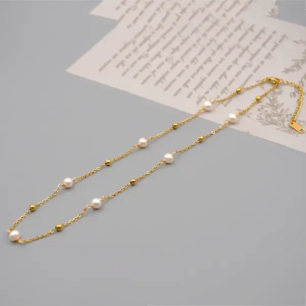 Wholesale Freshwater Pearl Ferroalloy Round Vacuum Plating Gold Plated Simple Style Classic Style Waterproof Non Tarnish Beaded Plating Gold Sweater Chain Long Necklace