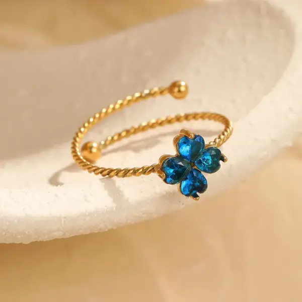 Wholesale PVD Coated Real Gold Plated Four Leaf Clover 304 Stainless Steel Basic Retro Modern Style Waterproof Non Tarnish Adjustable Ring