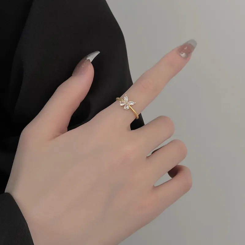 Wholesale Simple Style Butterfly Copper Inlay Zircon Open Ring