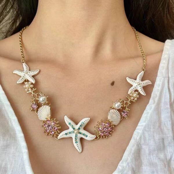 Wholesale European and American Style Exaggerated Color Starfish Shell Pearl Necklace Women's Bohemian Seaside Holiday Necklace Clavicle Chain