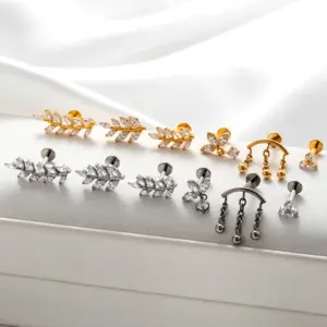 Wholesale 1 Piece Ear Cartilage Rings & Studs Simple Style Classic Style Leaves Chain Pure Titanium Inlay Zircon Ear Cartilage Rings & Studs