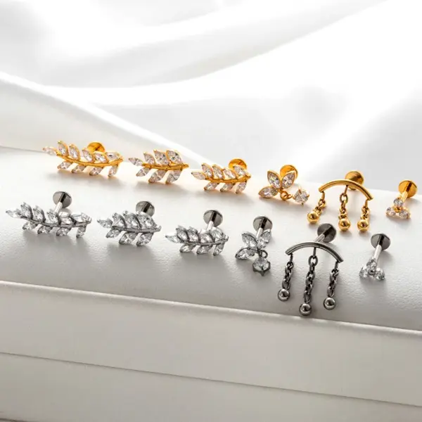 Wholesale 1 Piece Ear Cartilage Rings & Studs Simple Style Classic Style Leaves Chain Pure Titanium Inlay Zircon Ear Cartilage Rings & Studs