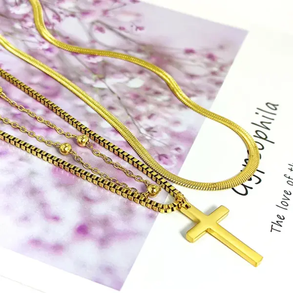 Wholesale 304 Stainless Steel Cross PVD Coated 18K Real Gold Plated Vacation Streetwear Waterproof Non Tarnish Layered Necklaces
