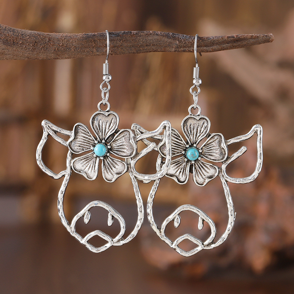 Wholesale Cross-border AliExpress new hollow line inlaid turquoise animal pendant earrings creative niche ear jewelry women