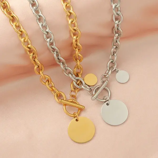 Wholesale 304 Stainless Steel Customization Laser Engraving Solid Color PVD Coated 18K Real Gold Plated Simple Style Waterproof Non Tarnish Plating Pendant Necklace