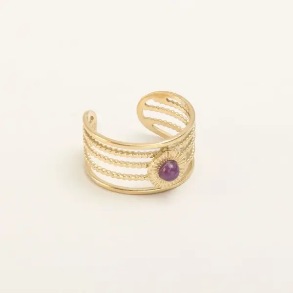 304 Stainless Steel 18K Gold Plated Baroque Style Modern Style Plating Hollow Out Inlay Round Natural Stone Open Ring