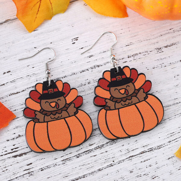 Wholesale Cross-Border New Autumn Harvest Thanksgiving Turkey Pumpkin Funny Pendant Earrings Wooden Double-Sided Earrings Gift