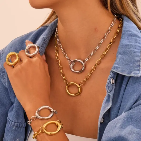 Style Personality Geometric Hollow 304 Stainless Steel Vacuum Electroplating (Furnace) 18K Real Gold Plated Oval Necklace Bracelet Earrings Jewelry Set Versatile Ring Wholesale