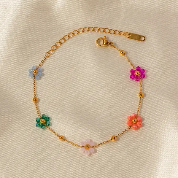 Wholesale Jewelry IG Style Sweet Flower 304 Stainless Steel 18K Gold Plated PVD Coated Beaded Bracelets