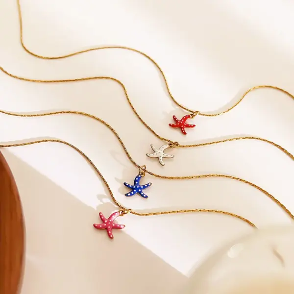 304 Stainless Steel Starfish PVD Coated Enamel Real Gold Plated Retro Simple Style Waterproof Non Tarnish Surgical Steel Bamboo Necklace Lobster Trigger Clasp Closure White Red Pendant Necklace