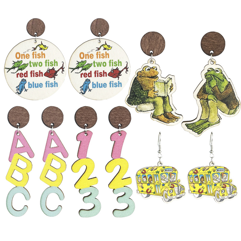 Wholesale Teacher earrings alphabet and number teaching wooden earrings