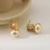 Wholesale Vacuum Electroplating (In Furnace) Plated 18K Real Gold 304316 Stainless Steel Imitation Pearl Zircon Female Style Minimalist Style Stud Earrings