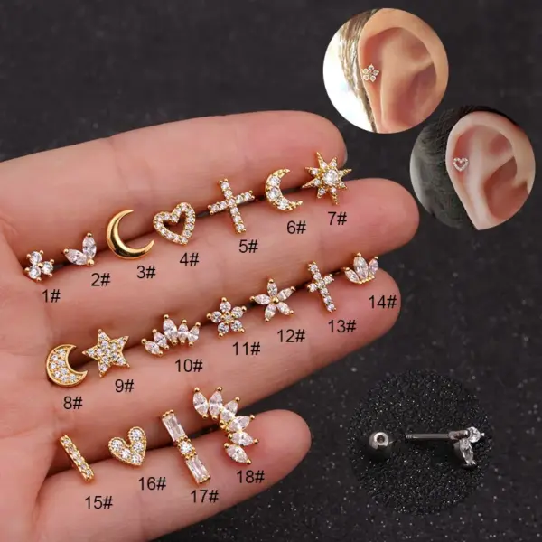 1 Piece 316L Stainless Steel Copper Zircon Ear Cartilage Rings & Studs Star Heart Shape Waterproof Non Tarnish Surgical Steel