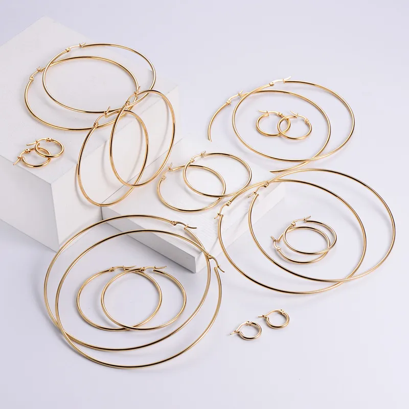 Wholesale PVD Coated 18K Gold Plated Round 304 Stainless Steel Exaggerated Waterproof Non Tarnish Hoop Earrings