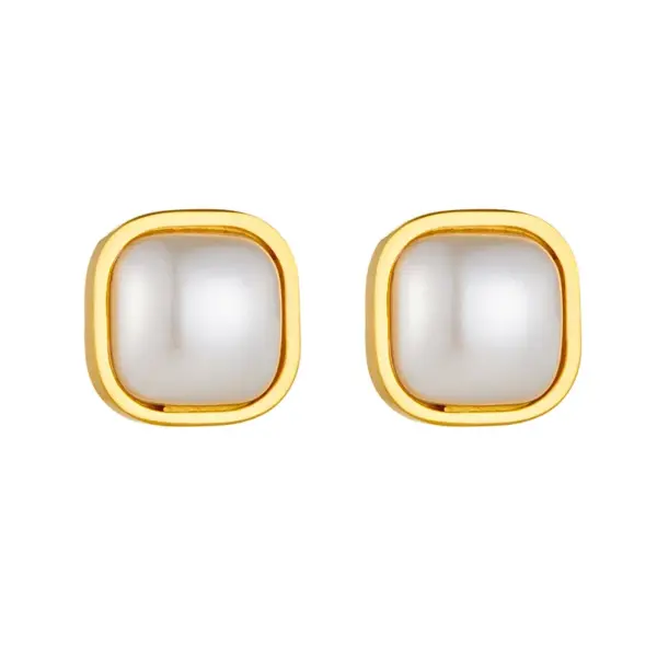 Wholesale 1 Pair Vintage Style Square Inlay 304 Stainless Steel Artificial Pearls 18K Gold Plated Ear Studs