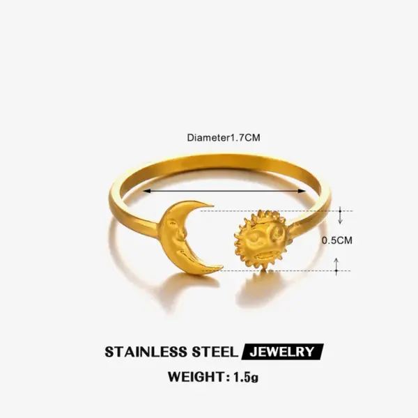 Ion Plating (IP) 18K Gold Plated Sun Moon 304 Stainless Steel Hip-Hop Waterproof Non Tarnish Open Rings