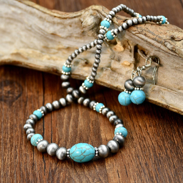 oly-d27cf4bfe005c0da111759e803faf5db Wholesale European and American Retro Ethnic Turquoise Necklace Earrings suit Female Niche Design Ancient Silver Beaded Autumn and Winter Jewelry