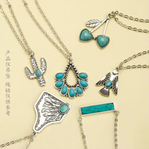 Wholesale Cross-border European and American Turquoise Accessories Cactus Water Drop Eagle Geometric Long Pendant Western Denim Vintage Necklace