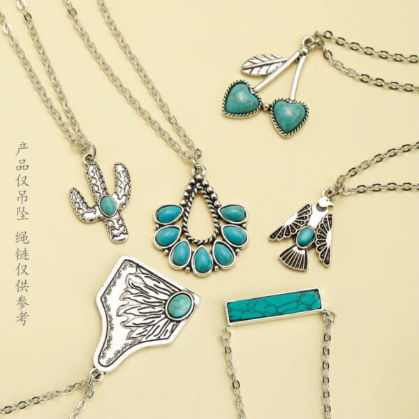 Wholesale Cross-border European and American Turquoise Accessories Cactus Water Drop Eagle Geometric Long Pendant Western Denim Vintage Necklace