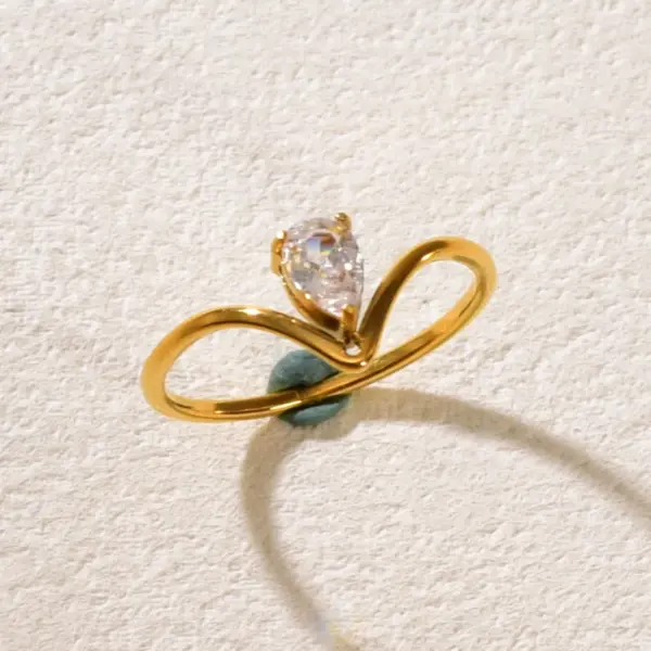 Wholesale 304 Stainless Steel Water Droplets PVD Coated Zircon 18K Real Gold Plated Simple Style Classic Style Waterproof Non Tarnish Inlay Gold Rings