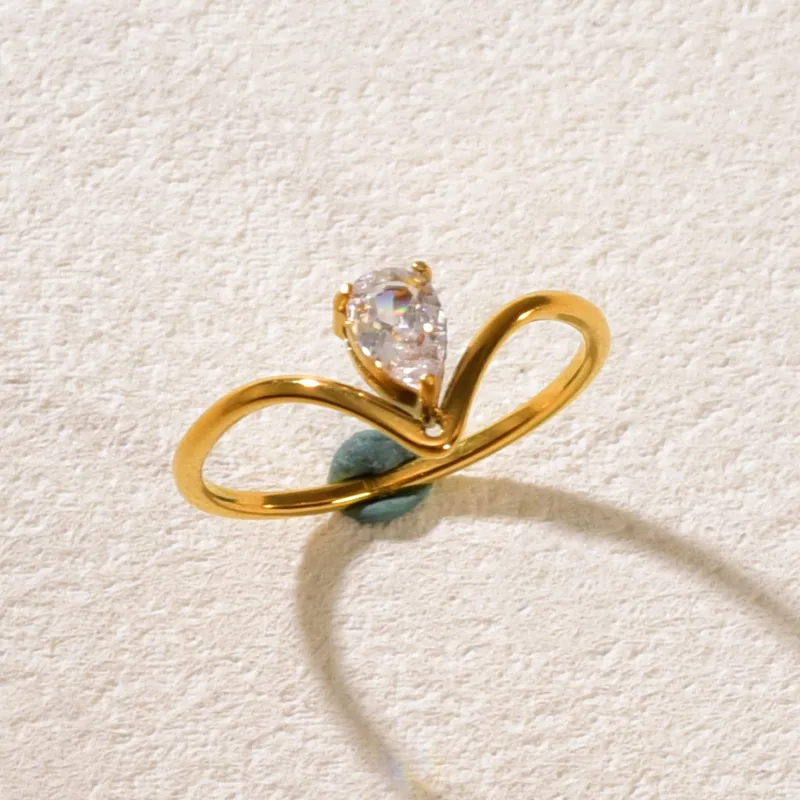 Wholesale 304 Stainless Steel Water Droplets PVD Coated Zircon 18K Real Gold Plated Simple Style Classic Style Waterproof Non Tarnish Inlay Gold Rings