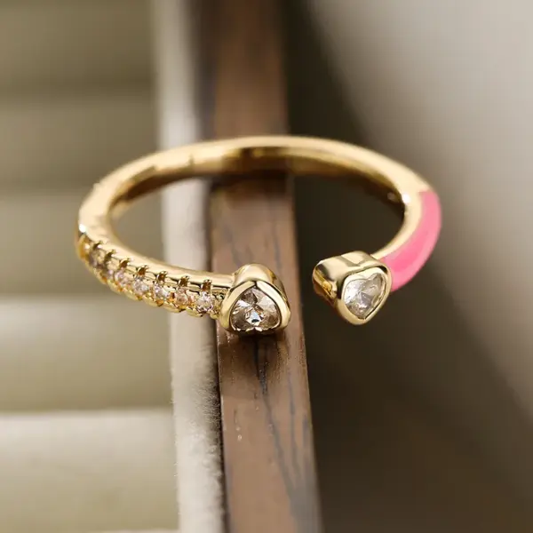 Wholesale Simple Style Square Water Droplets Heart Shape Copper Enamel Plating Inlay Zircon 18k Gold Plated Open Ring