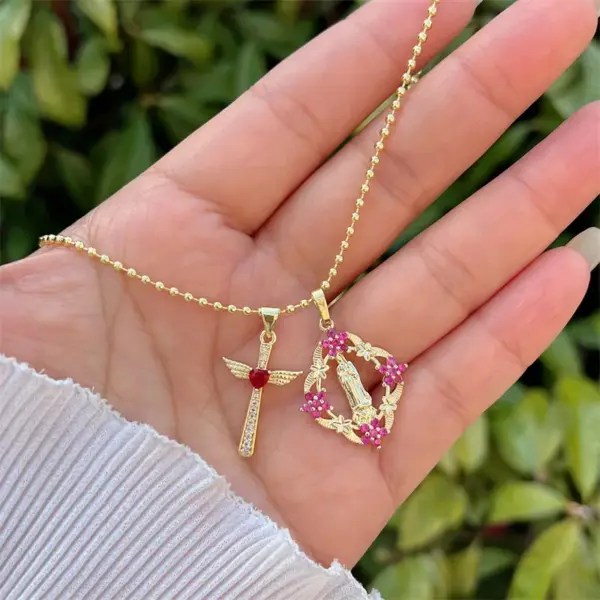 Wholesale Jewelry Retro Classic Style Cross Virgin Mary Copper Zircon 18K Gold Plated Pendant Necklace Ball Chain