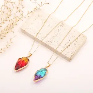 Wholesale Novelty Water Droplets Natural Stone Crystal Plating Inlay Natural Stone Gold Plated Pendant Necklace
