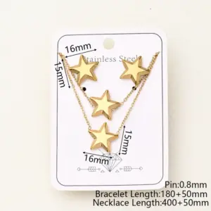 Striped Three-Dimensional Five-Pointed Star Necklace & Bracelet & Earrings Suit (Gold) / Length:180+50mm & 400+50mm / 1 Set/Package