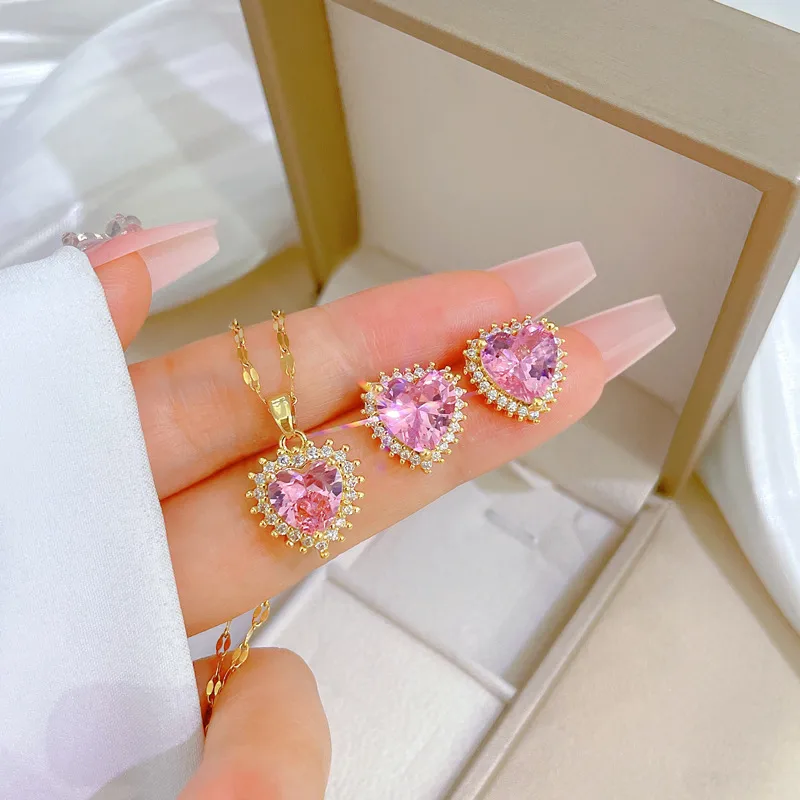 Wholesale Real Gold Plated 304 Stainless Steel PVD Coated Zircon Heart Shape Waterproof Non Tarnish Simple Style Shiny Earrings Necklace For Women'S
