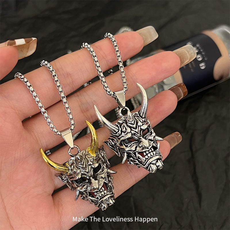 Wholesale Golden Horn Prajna Titanium Steel Necklace Male Ghost Mask Pendant Hip-Hop Duian Handsome Cool Personality Pendant Sweater Aessories Trendy