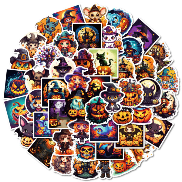 Wholesale Cross-Border Popular 50 Halloween Ghost Face Pumpkin Black Cat Cartoon Graffiti Stickers Mobile Phone Water Cup DIY Decorative Stickers