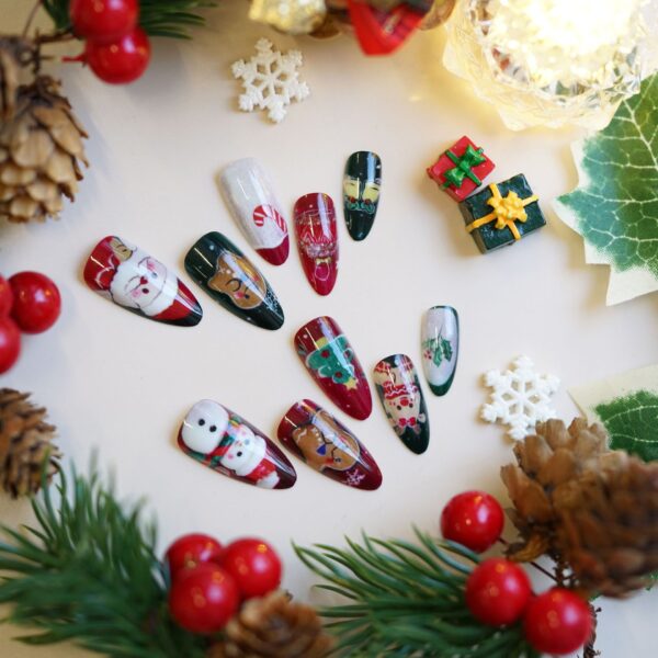 Wholesale WM-300 Christmas Special Edition False Nails: Almond Christmas Red and Green Reindeer, Gingerbread Man, Snowman - Nail Tips