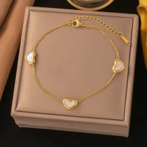 【JLB90】Three White Shell Peach Heart Anklet / Gold