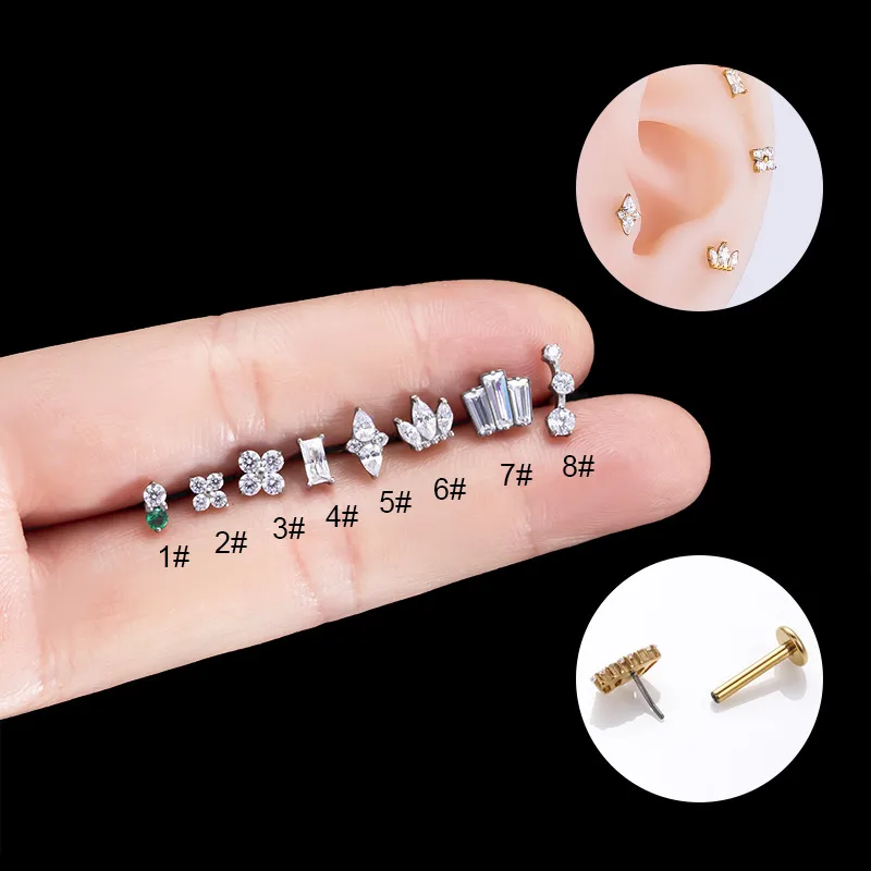 Wholesale 1 Piece 316L Stainless Steel Pure Titanium Copper Zircon Ear Cartilage Rings & Studs Crown Waterproof Non Tarnish Surgical Steel Women'S