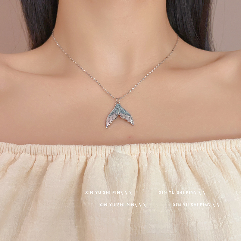 Wholesale Colorful Blue and Purple Fishtail Necklace French Ser Fairy Mermaid Princess Light Luxury Elegant Magic Flash All-match Clavicle Chain