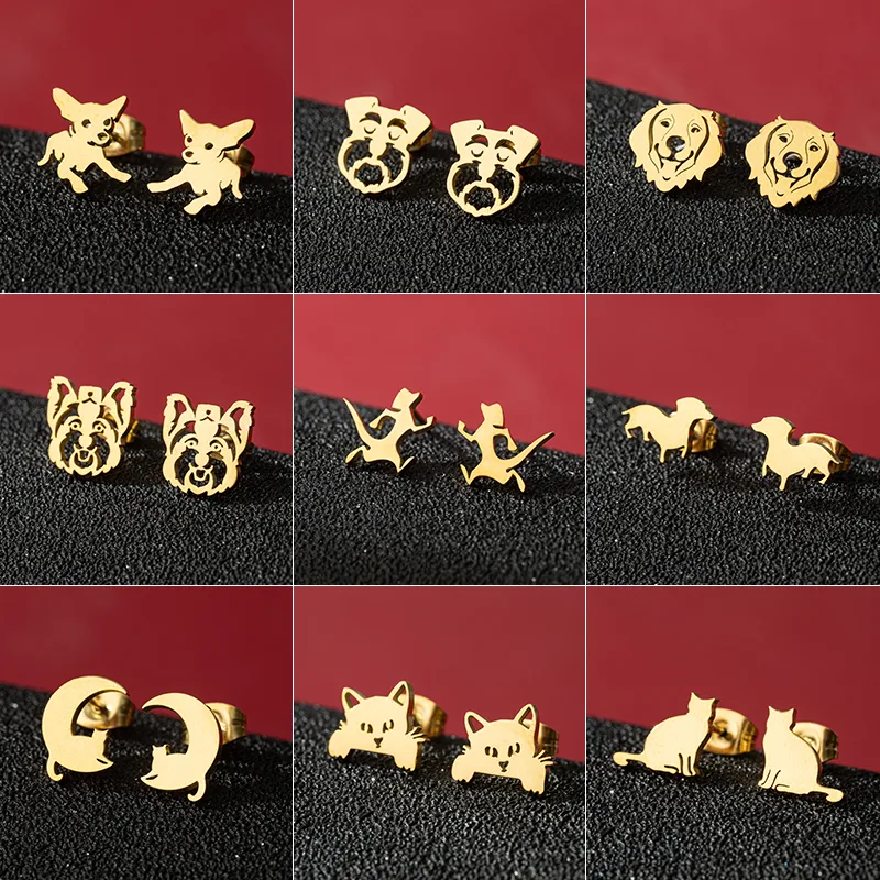 Wholesale PVD Coated 18K Gold Real Gold Plated Dog Lion Cat 304 Stainless Steel Cute Basic Classic Style Waterproof Non Tarnish Ear Studs