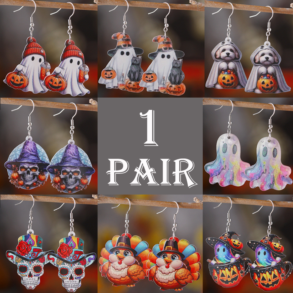Wholesale Cross-Border New Thanksgiving Turkey Pumpkin Skull Pendant Earrings Acrylic Party Earrings Gift