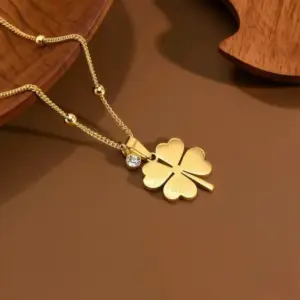 X06132-Four-leaf Flower Single Diamond Necklace - Gold