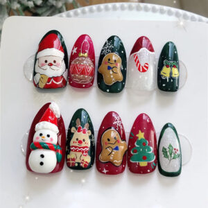Wholesale WM-300 Christmas Special Edition False Nails: Almond Christmas Red and Green Reindeer, Gingerbread Man, Snowman - Nail Tips